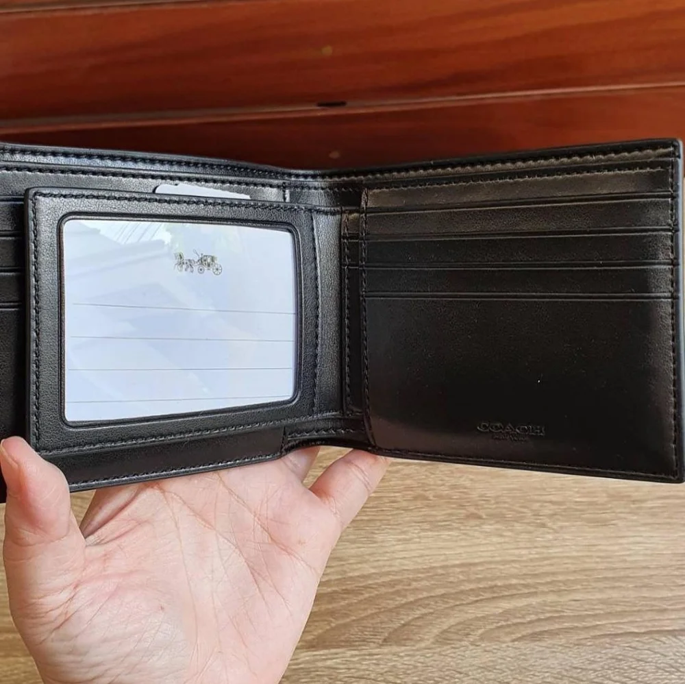 NWT Coach Men Compact Id Wallet In Signature Canvas Black/Charcoal